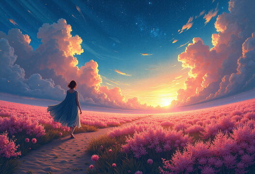 A serene landscape at dawn, featuring a woman in a flowing blue dress walking along a cobblestone path through a field of vibrant purple flowers. 