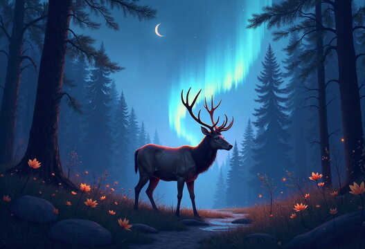 A majestic stag stands in a mystical forest under a crescent moon, its antlers silhouetted against a vibrant blue sky. 