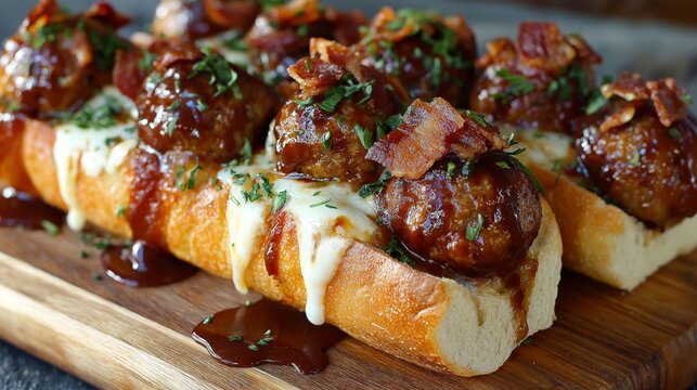 Close-up bourbon BBQ meatball subs on wooden board, juicy browned meatballs in glossy sauce inside toasted golden hoagie rolls, rich texture, savory comfort food.