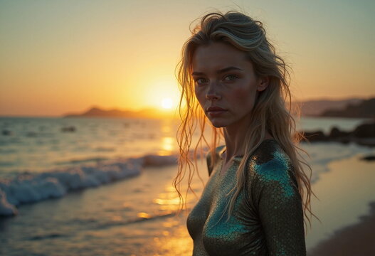 A young woman with fair skin and long, wavy blonde hair stands on a rocky beach at sunset. She is wearing a form-fitting, shimmering silver dress that clings to her slender physique. 