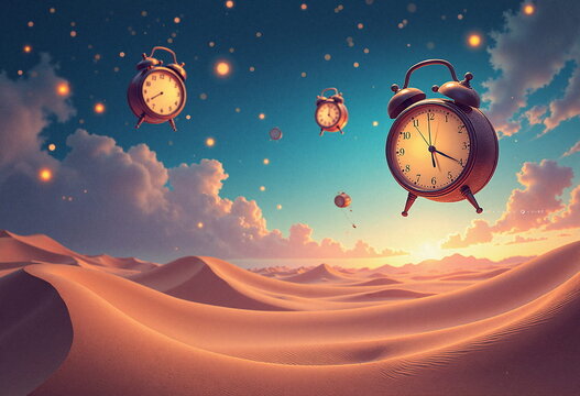A surreal digital illustration depicts a vast, arid desert landscape under a twilight sky filled with floating alarm clocks. 