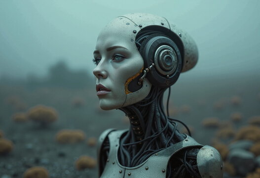 A humanoid robot with a sleek, metallic body and a human-like face stands in a misty, industrial setting. 