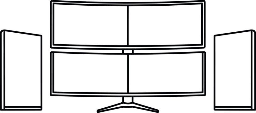 Minimalist line drawing of a multi monitor computer setup with three screens and a stand