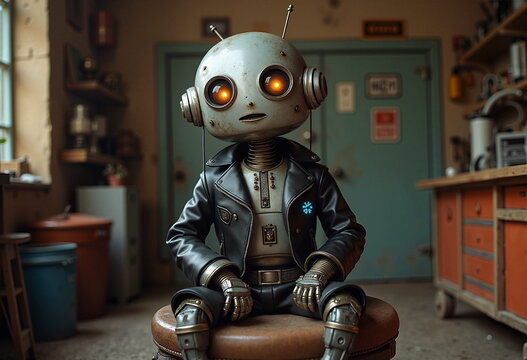 A small, humanoid robot with a metallic silver body and glowing red eyes sits on a brown leather stool in a cluttered, industrial-style room. 