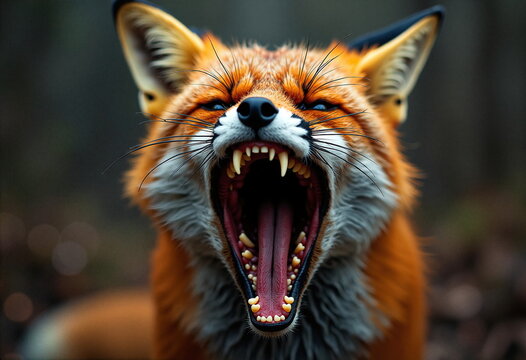 A close-up photograph of a red fox with its mouth wide open, displaying its sharp teeth.
