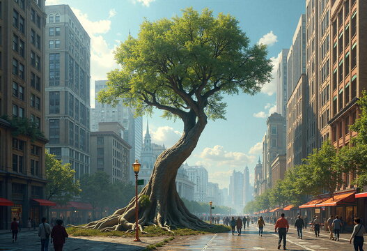 A vibrant, sunny day in a bustling cityscape with a massive, ancient tree dominating the foreground. 