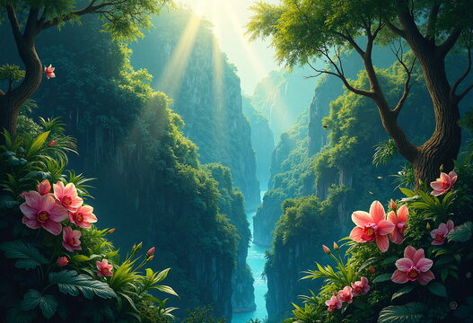 A serene, sunlit canyon with towering, rugged cliffs covered in lush greenery. 