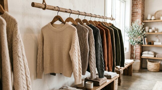 Row of knitted sweaters hanging in a clothing store with boutique clothing apparel rack fashion boutique ret