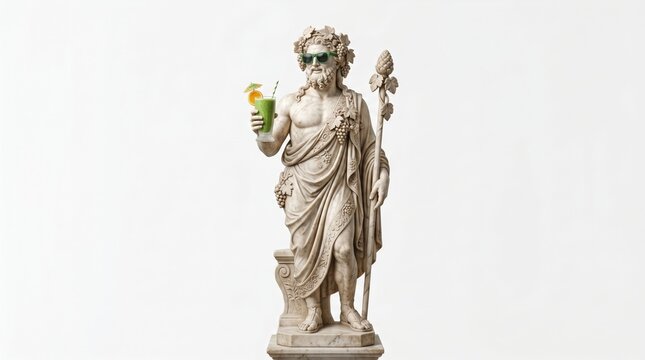 Marble statue of zeus wearing sunglasses and holding a tropical cocktail with greek god white background ancient greec