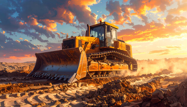 Heavy Duty Bulldozer Working on Construction Site During Golden Hour Sunset.