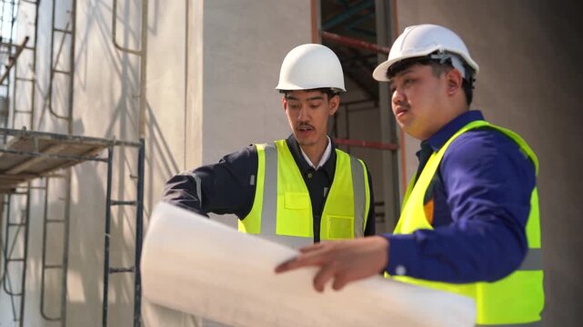 Construction planning meeting between two engineers building site professional discussion indoor environment close-up view project coordination