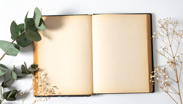 Old open book with empty yellowed pages, surrounded by green foliage and dried white blossoms. Writing, storytelling