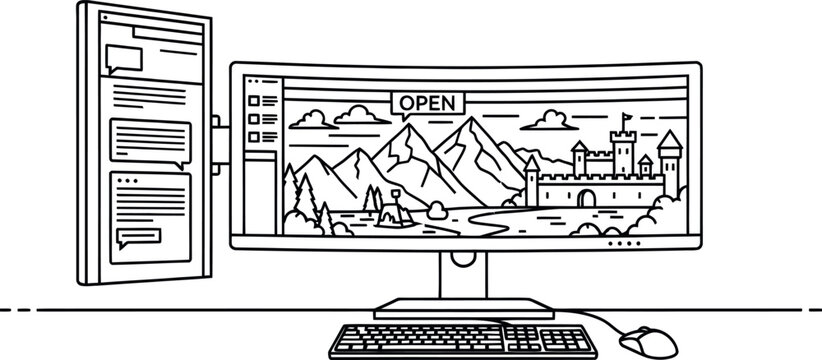 Vintage computer setup with mountain landscape display a nostalgic digital scene