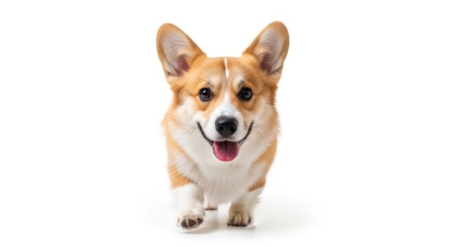 Happy corgi dog isolated on white background in studio photography