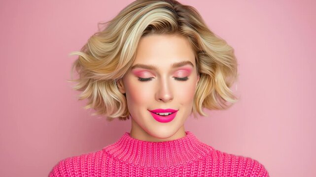 Caucasian female model with blonde hair wearing a pink sweater shows surprise, transitions to calm expression, and closes eyes against a solid pink background