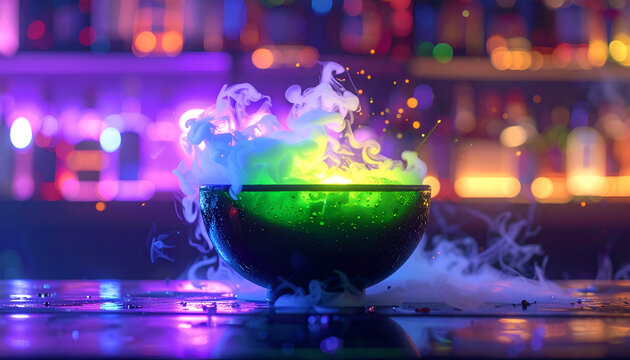 Mysterious Glowing Potion Bubbling in a Cauldron with Colorful Smoke.