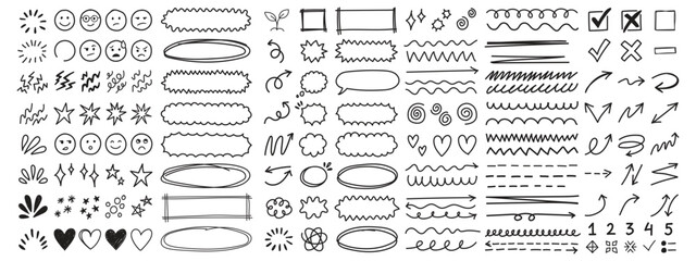 collection of doodle underline emphasis scribble elements line hand drawn set. doodle brush shapes stroke highlight sparkle and arrow elements. childish drawing kids style. © Daishin