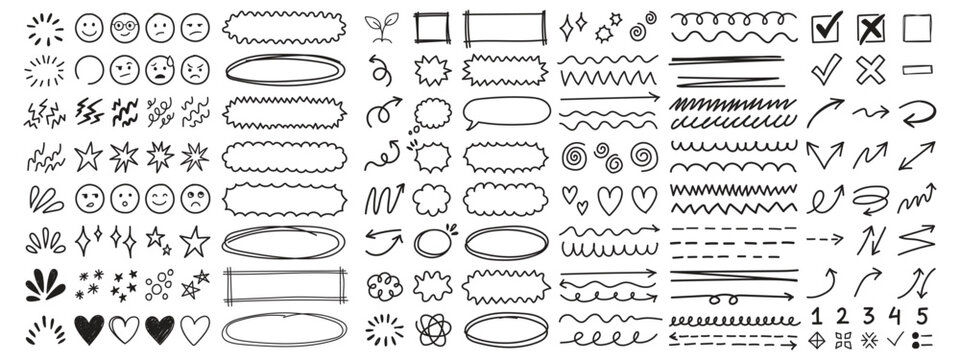 collection of doodle underline emphasis scribble elements line hand drawn set. doodle brush shapes stroke highlight sparkle and arrow elements. childish drawing kids style.