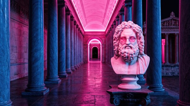 Ancient greek sculpture in modern pink and blue neon lit hallway with sculpture classical architecture corridor