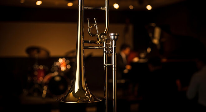 Golden trombone instrument with blurred jazz band background on transparent background