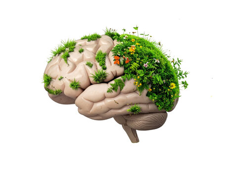 A human brain with growing green plants isolated for companies to visualize sustainable innovations and green thinking on transparent background to represent ecological visions of the future
