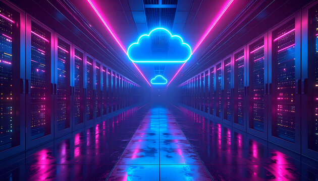 Futuristic Neon Cloud Data Center Server Room with Glowing Lights.
