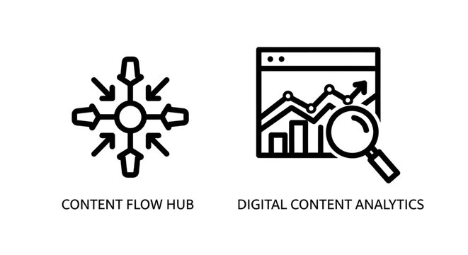 Content flow hub and digital content analytics icons with analytics, analysis