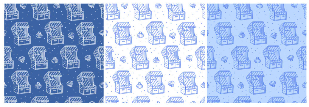 Seamless Pattern with Hand Drawn Strandkorb and Seashells in Blue Tones