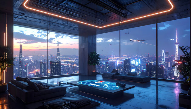 Luxurious Modern Apartment with Panoramic City View at Sunset.