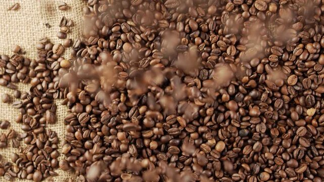 Falling Coffee Beans. Camera Movement. copy space