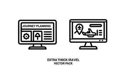 Fototapeta premium Journey planning and travel details on computer monitors vector icons set