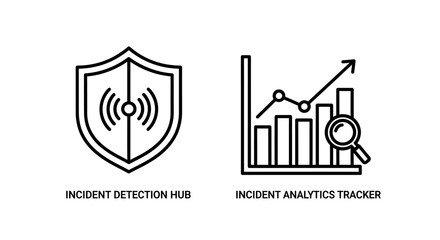 Obraz premium Incident detection hub and incident analytics tracker with shield and magnifying