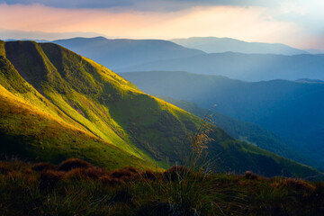 Obraz premium Sunrise over the Carpathian mountains, view from mountain Zhandarm mountains peak. Dragobrat, Ukraine.