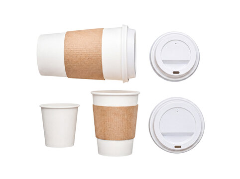 Photograph of various white disposable paper coffee cups with lids and sleeves, presented on a transparent background.