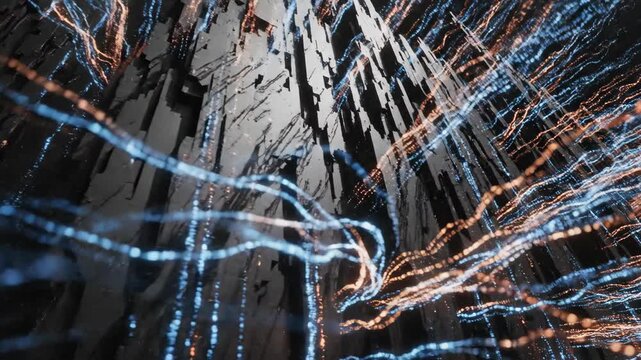 A dark abstract image with glowing blue and orange lines and shattered glass-like structures