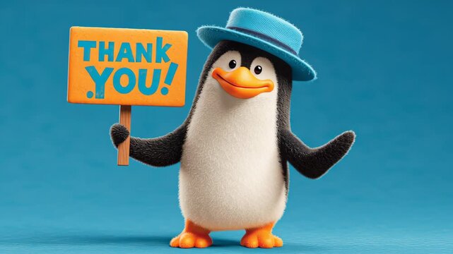 Animated penguin character wearing a blue hat holds a sign that says "Thank You" while standing against a bright blue background with a cheerful expression