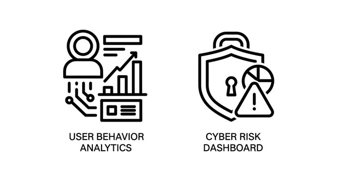 User behavior analytics and cyber risk dashboard interface icons with behavior