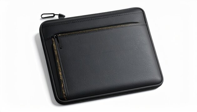 Black faux leather folio case with gold zipper flat lay on white background studio shot