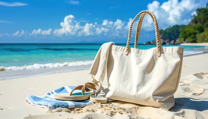 Obraz premium Beach vacation essentials: tote bag towel and flip-flops on sandy beach with turquoise ocean and blue sky