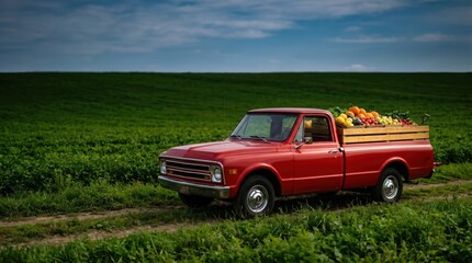 Fototapeta premium Red pickup truck loaded with produce in green field