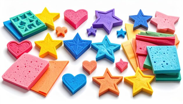Assortment of colorful foam sponges in star and heart shapes for crafting and play