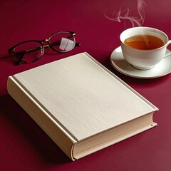 Naklejka premium A beige hardcover book rests on a deep red surface next to reading glasses and a steaming cup of tea