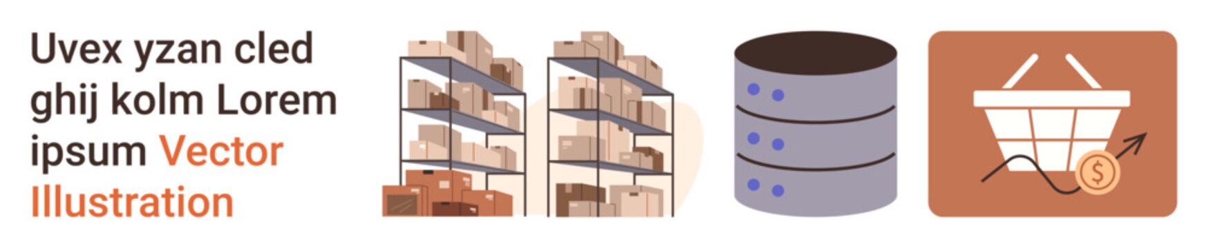 Logistics management, warehouse storage, database technology, e-commerce growth, retail supply chain, business analytics. Shelves, server and shopping basket with upward arrow. Warehouse storage