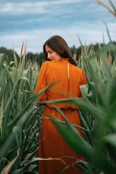 Smiling woman standing amidst corn crops in field