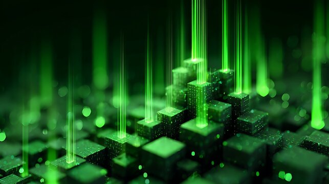 financial growth visualization, stock cubes stacking higher, bright green light beams shooting upward