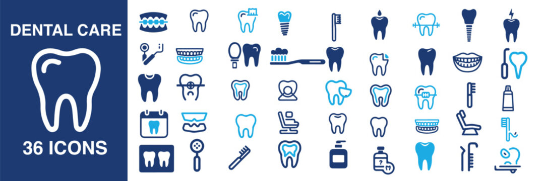 Flat vector icon set featuring dental care, tooth braces, toothbrush, dental implants, toothpaste, mouthwash, dentist chair, cad drawing flat vector illustration, oral hygiene symbols