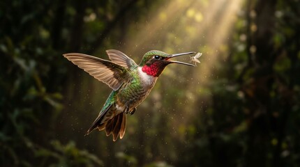Fototapeta premium Vibrant Ruby-Throated Hummingbird Capturing a Flying Insect in Golden Forest Sunlight