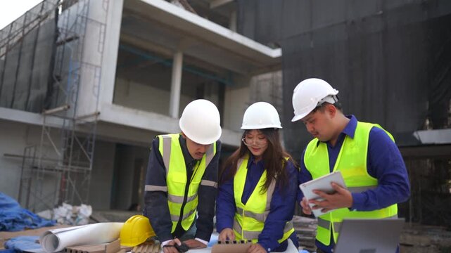 Three professionals discuss project plans at a busy construction site emphasizing teamwork and effective communication.