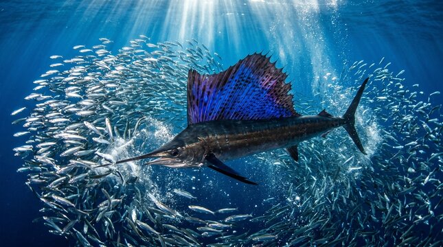 Majestic Sailfish Actively Hunting a Densely Packed Baitball Underwater with Sunbeams