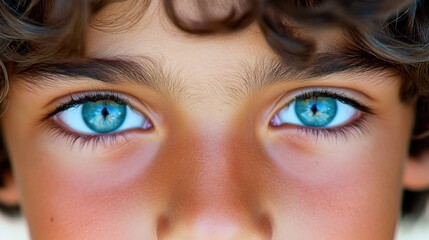 Fototapeta premium Intense Blue Eyes Stare Directly At The Camera With Curly Hair Nearby
